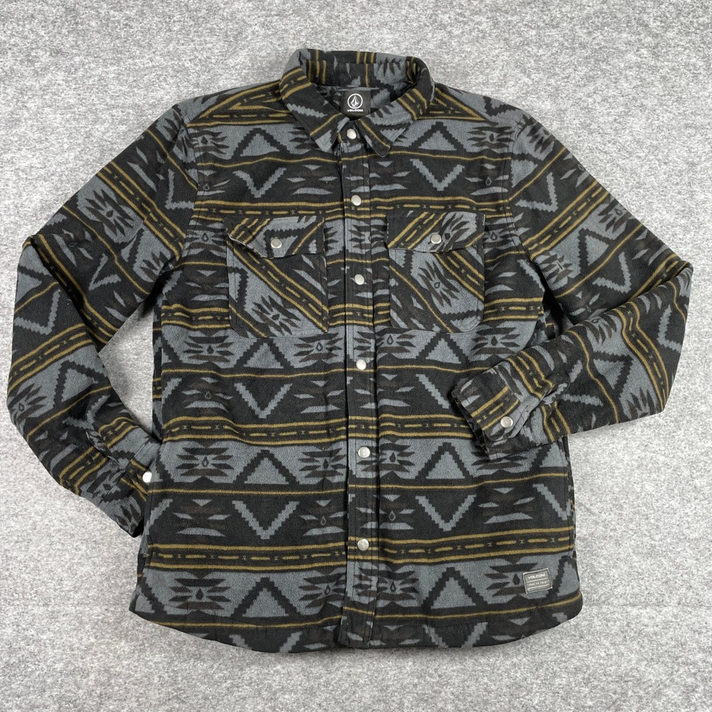 Volcom Fleece Shirt Mens M Grey Tribal Southwestern Quilted Lined Snap Front